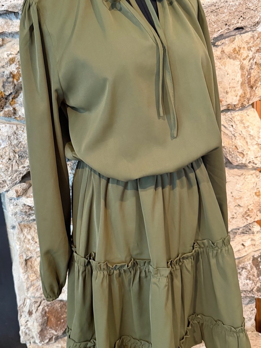 BTFBM Olive Green Tiered Long-Sleeve Dress